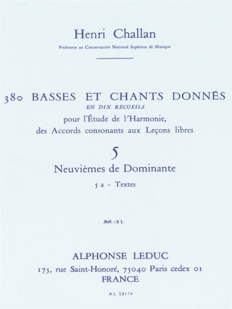 CHALLAN H. 380 BASSES ET CHANTS DONNES VOL.05:ACCORDS DE LA 9EME DOMINANTE 5A TEXTES