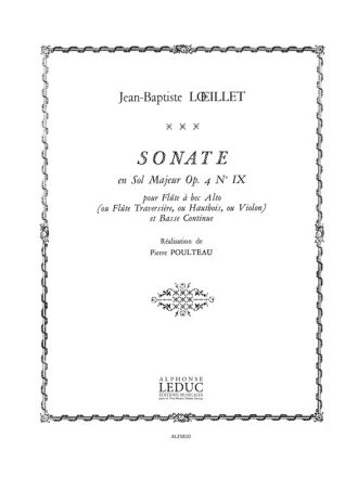 LOEILLET JB/POULTEAU SONATE EN SOL MAJEUR OP4 N09 FLUTE A BEC ALTO (OU TRAVERS/HTB/VLN)ET BASSE CONT