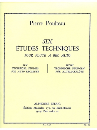 POULTEAU 6 ETUDES TECHNIQUES FLUTE A BEC (ALTO)