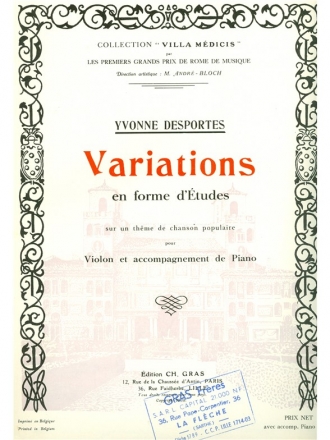 DESPORTES Y. VARIATIONS EN FORME D'ETUDES SUR UN THEME DE CHANSON POPULAIRE VIOLON ET PIANO