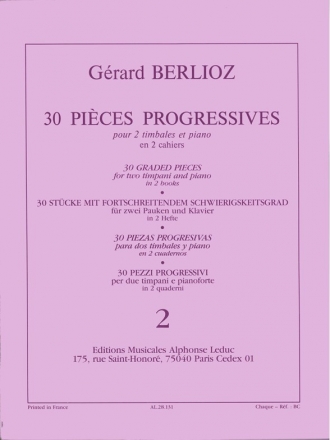 BERLIOZ G. 30 PIECES PROGRESSIVES 2 TIMBALES ET PIANO/VOLUME 2 PIECES 15 A 30