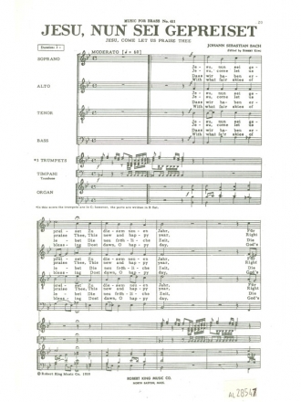 BACH J.S./KING JESU NUN SEI GEPREISET VCES/3 TPTS/ORG/TIMP/VOC SCORE(PTIE CHOEUR)MFB611V