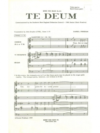 PINKHAM TE DEUM BRASS ENSEMBLE/ORG/VCES/VOCAL SCORE MFB613V