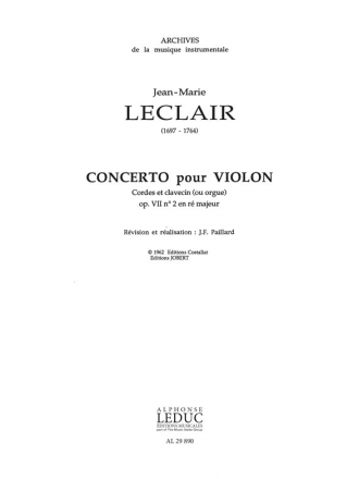 LECLAIR/PAILLARD CONCERTO N02 OP7 EN RE MAJEUR (VIOLON/ORCH.A CORDES/CLAVECIN OU ORGUE) PARTITION