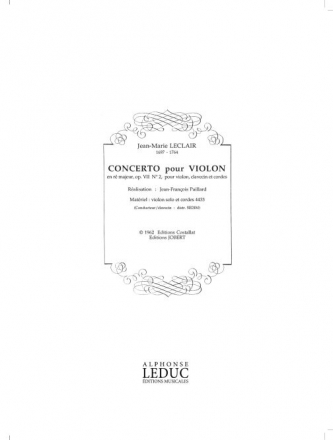 LECLAIR/PAILLARD CONCERTO N02 OP7 EN RE MAJEUR (VIOLON/ORCH.A CORDES/CLAVECIN OU ORGUE) PARTIES