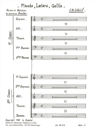 LULLY/BOULAY PLAUDE LAETARE GALLIA CHOEURS (SATBB/SSATB) SANS ACCOMPAGNEMENT