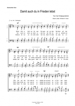 Koch, Wilhelm H. Damit auch du in Frieden lebst - fr Chor SATB a cappella