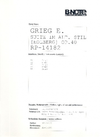 Aus Holbergs Zeit op.40 fr Streichorchester Stimmensatz (5-4-3-2-2)