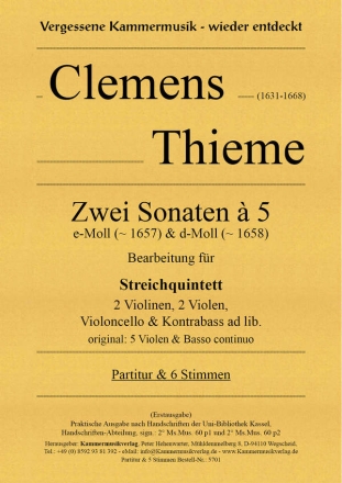 Streichquintett e-Moll r 2 Violinen, 2 Violen, Violoncello & Kontrabass ad lib. Partitur und 6 Stimmen