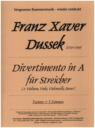 Divertimento A-Dur fr 2 Violinen, Viola, Violoncello und Kontrabass Partitur und Stimmen