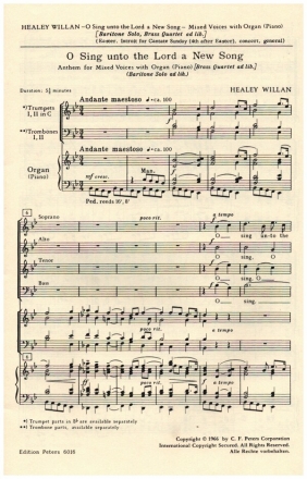 O sing unto the Lord a New Song for mixed chorus and organ (piano) (brass quartet ad lib) vocal score (en)