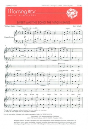 Carl Schalk Sweet Was the Song the Virgin Sang SATB, Organ, opt. String Quartet (CHORAL SCORE)