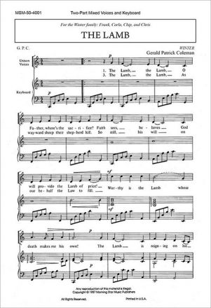 Gerald Patrick Coleman The Lamb Two-Part Mixed Voices, Keyboard (CHORAL SCORE)