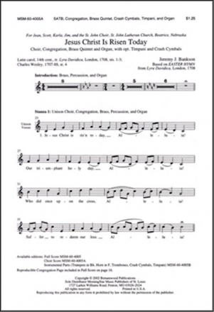 Jeremy Bankson Jesus Christ Is Risen Today SATB, Congregation, Organ, Brass Quintet, opt. Percussion (CHORAL SCOR