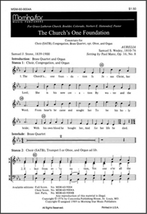 Paul Manz The Church's One Foundation SATB, Congregation, Organ, Brass Quartet, opt. Oboe (CHORAL SCORE)