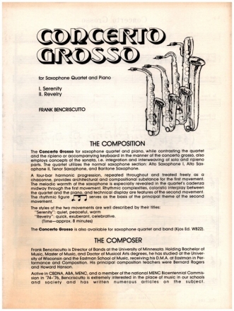 Concerto Grosso for saxophone quartet (AATBar) and piano score