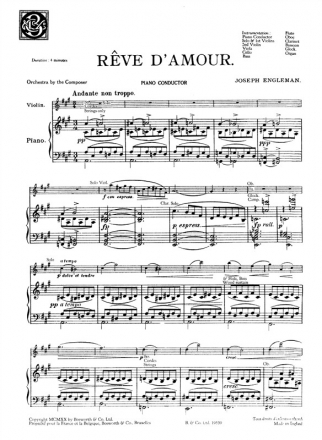 Engleman, J Reve D'amour Orch Pf Sc/Pts Orchestra Score and Parts