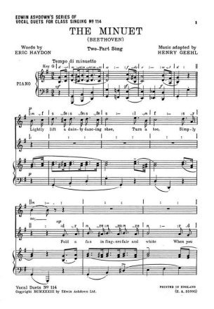 Beethoven: The Minuet (2 Part/Piano) Arr. Geehl 2-Part Choir, Piano Accompaniment Vocal Score