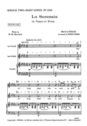 Braga La Serenata 2 Pt/Pf 2-Part Choir