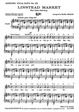 Linstead Market Unison Voice, Piano Accompaniment Score