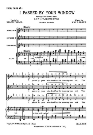 May H. Brahe: I Passed By Your Window (SSA/Piano) SSA, Piano Accompaniment Vocal Score