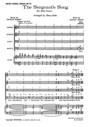 G Holst:The Sergeant's Song TTBB, Piano Accompaniment Score