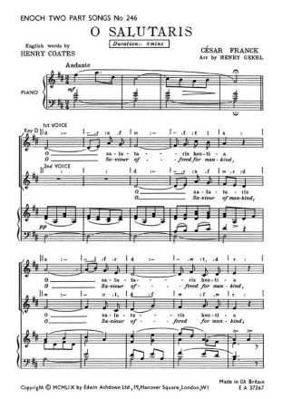 Franck, Cesar O Salutaris Hostia (Saviour Offered For Mankind) 2pt/Pf Piano Accompaniment, 2-Part Choir Vocal Score