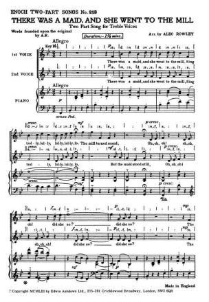 There Was A Maid, And She Went To The Mill 2 Part Piano Piano Accompaniment, 2-Part Choir Vocal Score