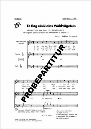 Es flog ein kleines Waldvgelein fr Mnnerchor Singpartitur