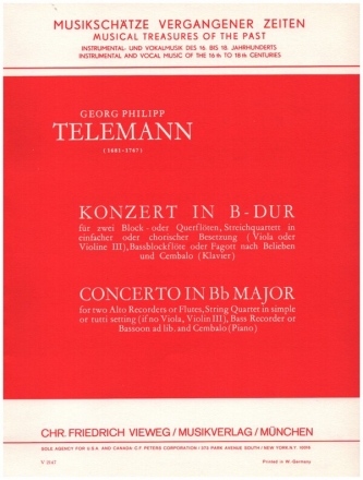 Konzert fr 2 Alt-Blockflten (2) (Flten), Streicher und Cembalo Partitur