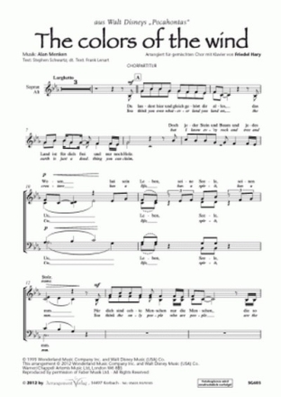 Menken, Schwartz, Lenart The Colors Of The Wind (vierstimmig) fr SATB und Klavier Singpartitur