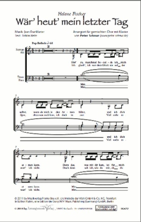 Jean Frankfurter, Tobias Reitz Wr heut mein letzter Tag (vierstimmi fr SATB und Klavier Singpartitur