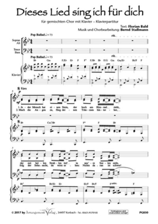 Bernd Stallmann Dieses Lied sing ich fr dich (vierstimmig) fr SATB und Klavier Singpartitur