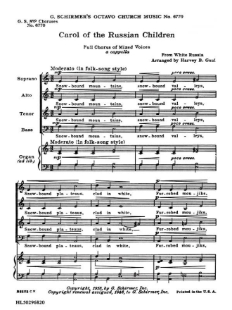 Folk Song, Carol Of The Russian Chldren SATB and Organ Chorpartitur