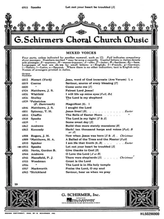 Oley Speaks, Let Not Your Heart Be Troubled SATB with organ and sop solo Chorpartitur