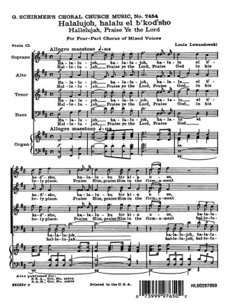 Louis Lewandowski, Hallelujah Praise Ye The Lord English Hebrew Org. SATB and Piano Chorpartitur