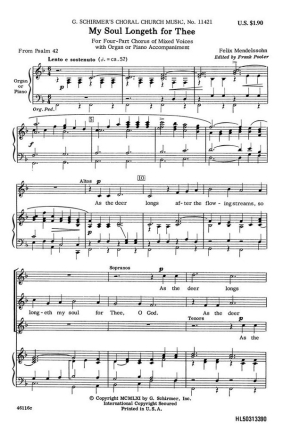 Felix Mendelssohn Bartholdy, My Soul Longeth For Thee SATB and Piano Chorpartitur