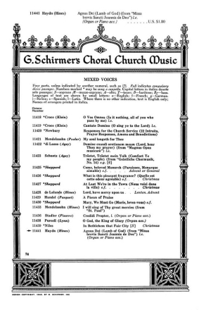 Haydn, Agnus Dei From Missa Brevis Sancti Joannis De Deo SATB and Piano Chorpartitur