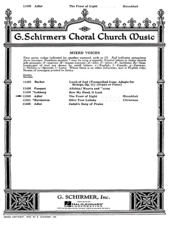 S Adler, Feast Of Light, The SATB Chorpartitur