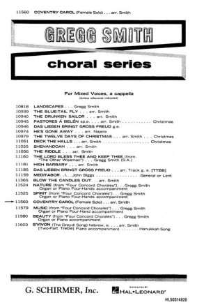 Traditional, Coventry Carol Female Solo SATB a Cappella Chorpartitur