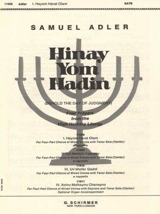 S Adler, Hayom Harat Olam Solo Tenor Voice, SATB a Cappella Chorpartitur