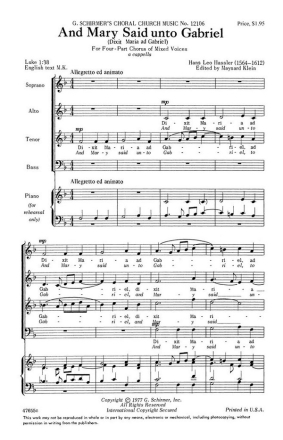 Hans Leo Hassler, Mary Said Unto Gabriel SATB a Cappella Chorpartitur