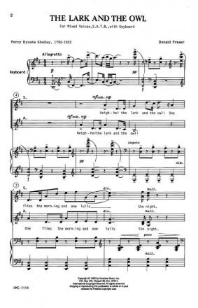 Donald Fraser, The Lark And The Owl SATB and Keyboard Chorpartitur