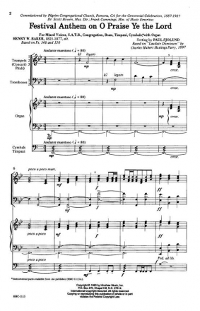 C. Hubert Parry, Festival Anthem On O Praise Ye The Lord SATB, Congregation, Organ Chorpartitur