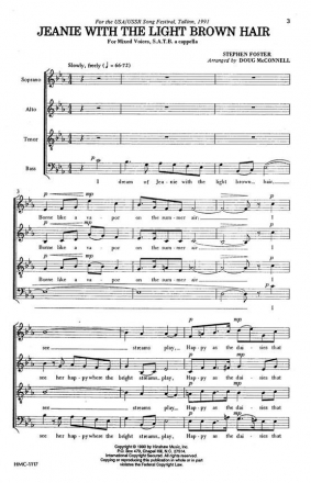 Stephen Foster, Jeanie With The Light Brown Hair SATB a Cappella Chorpartitur