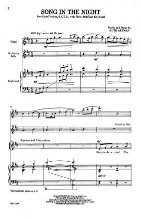 Ruth Artman, Song In The Night SATB, Keyboard With Flute and Orchestra Bells Chorpartitur