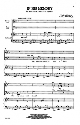 Carl Nygard, In His Memory SATB and Keyboard Chorpartitur