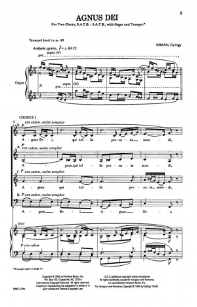 Gyrgy Orbn, Agnus Dei SATB - Double, Organ and Trombone Chorpartitur