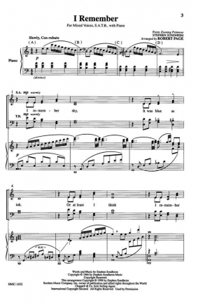 Steven Sondheim, I Remember SATB, Piano Chorpartitur