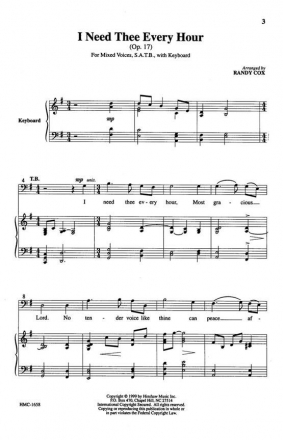 Annie S. Hawkes, I Need Thee Every Hour SATB and Keyboard Chorpartitur